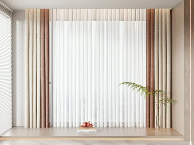 Modern Sheer White Curtains with Beige Brown Panels in Window Area and Green Plant 3d model