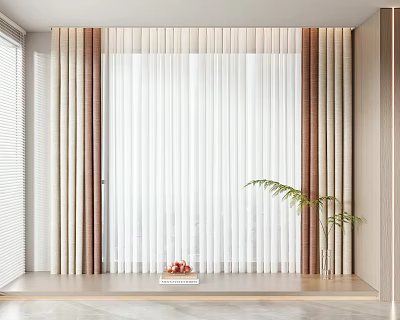 Modern Sheer White Curtains with Beige Brown Panels in Window Area and Green Plant 3d model