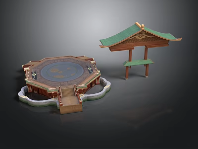 Traditional Architectural Design With Octagonal Wooden Platform And Green Roofed Pavilion 3d model