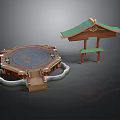 Traditional Architectural Design With Octagonal Wooden Platform And Green Roofed Pavilion