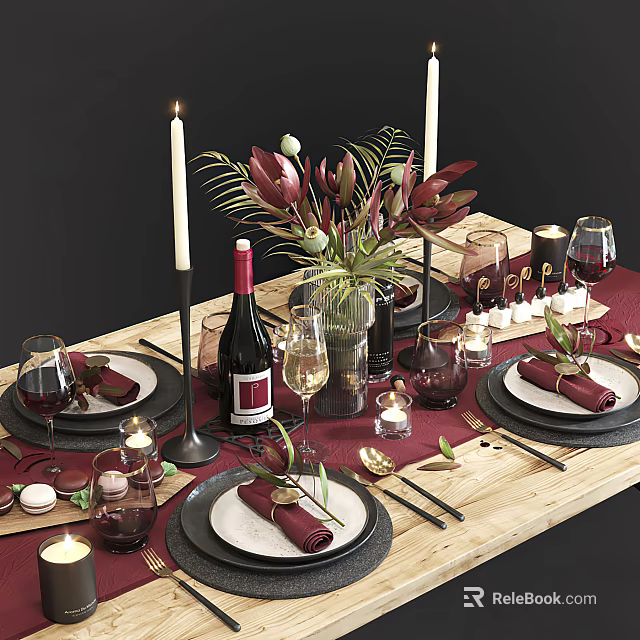 Elegant Dinnerware Set for Dining Table Setting with Red Wine Glasses Candles and Floral Arrangement 3d model 