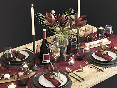 Elegant Dinnerware Set for Dining Table Setting with Red Wine Glasses Candles and Floral Arrangement 3d model