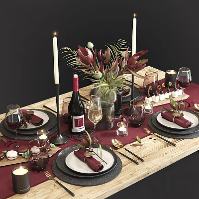 Elegant Dinnerware Set for Dining Table Setting with Red Wine Glasses Candles and Floral Arrangement 3d model