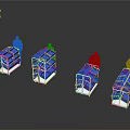 Four Blue Trolleys With Railings And Businessmen On Reflective Surface