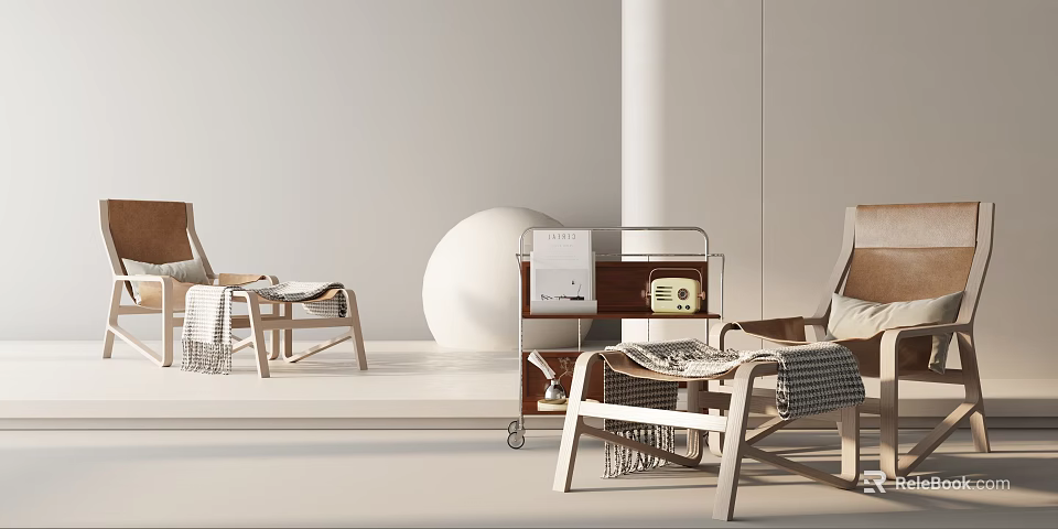 Modern Leisure Chair With Wooden Frame in Minimalist Interior With Rolling Cart And Books 3d model 