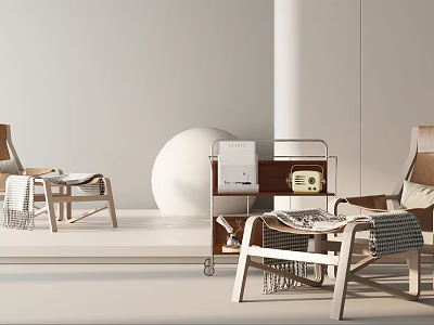 Modern Leisure Chair With Wooden Frame in Minimalist Interior With Rolling Cart And Books 3d model