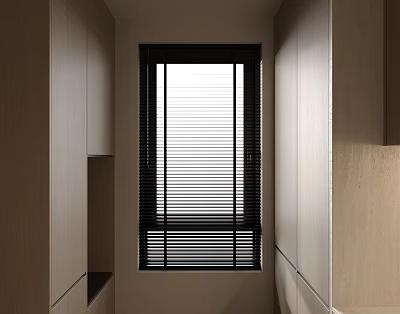 Modern Interior Window Space With Venetian Blinds And Neutral Toned Cabinets 3d model