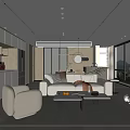 Modern Living And Dining Area Interior With Beige Sofa Coffee Table And Large Windows 3d model