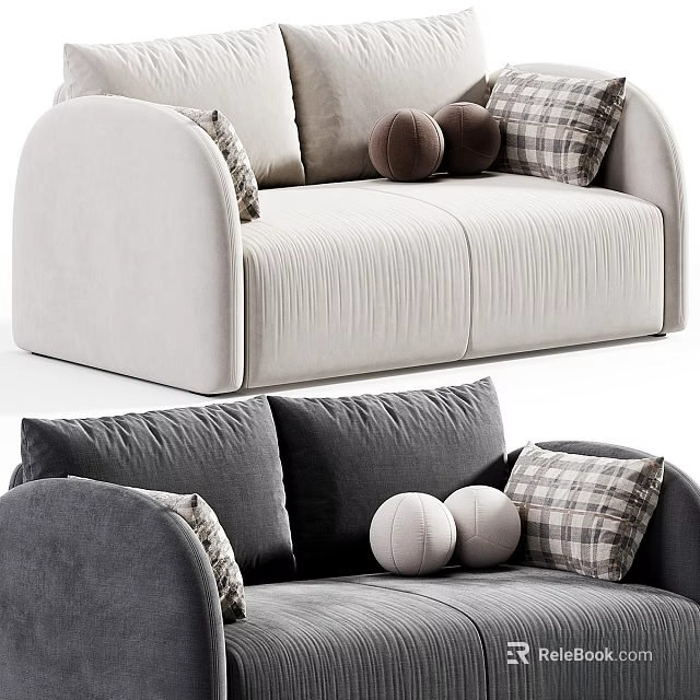 Stylish Two Seater Sofa In Light And Dark Gray With Plaid Pillows And Round Cushions 3d model 