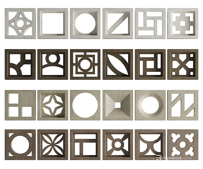 Architectural Decorative Grilles Featuring Various Geometric Patterns And Metal Shapes 3d model