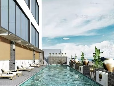 Modern Swimming Pool With Sun Loungers And Green Plants In Outdoor Modern Building Setting 3d model