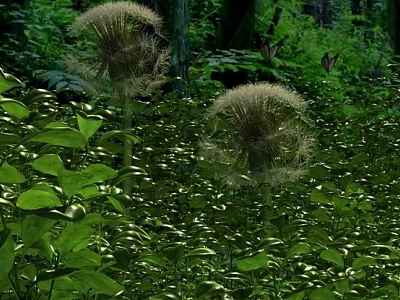 Lush Green Leaves Surrounding Fluffy Dandelion Seed Heads With Butterflies 3d model