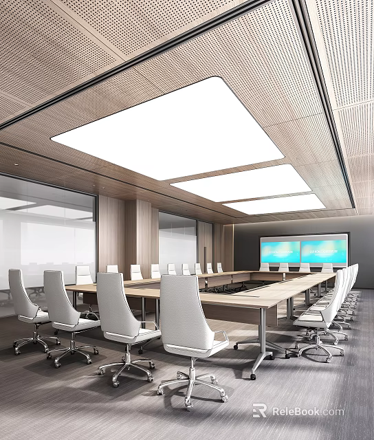Modern Conference Room Interior With Long Table White Chairs Large Screen And Ceiling Lighting 3d model