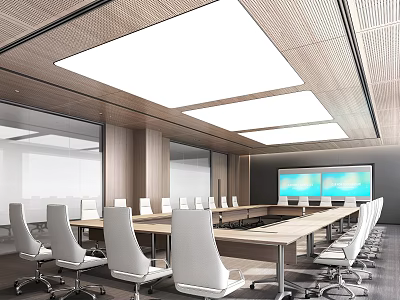 Modern Conference Room Interior With Long Table White Chairs Large Screen And Ceiling Lighting 3d model