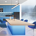 Stylish Modern Break Room Design With Blue Cabinets Wooden Table Chairs And Bright Lighting
