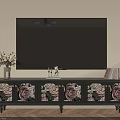 Dark Colored TV Stand With Floral Patterned Drawers Vase Flowers Decorative Items And Books