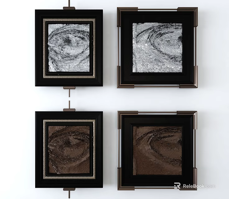 Modern Wall Decor With Four Framed Abstract Artworks In Black Frames 3d model 