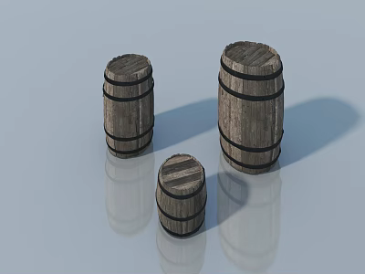 Three Wooden Barrels With Black Hoops In Different Sizes On Reflective Surface 3d model