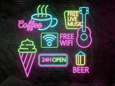 Neon Decorative Lights Illuminate Open Kitchen With Coffee And Music Themes 3d model
