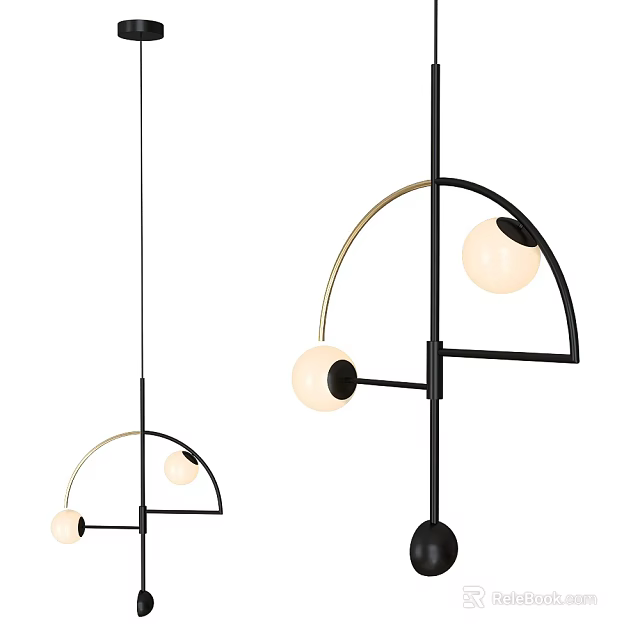 Modern Geometric Pendant Lights with Black Metal Frame Brass Arc and White Globe Shades 3d model 