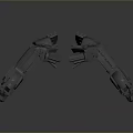 Two Red Character Inspired Mechanical Arms With Symmetrical Creature Claws And Reflective Surface Design