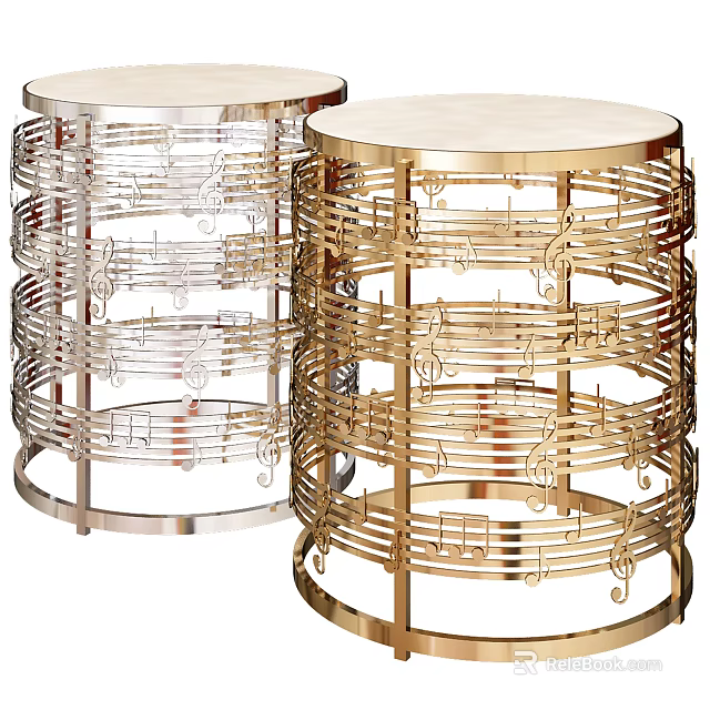Metal Coffee Tables Decorated with Music Notes and Staff in Silver and Gold Round Tabletop 3d model 