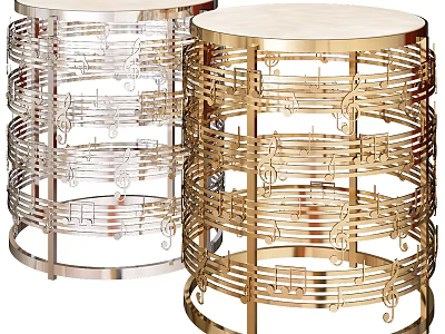 Metal Coffee Tables Decorated with Music Notes and Staff in Silver and Gold Round Tabletop 3d model