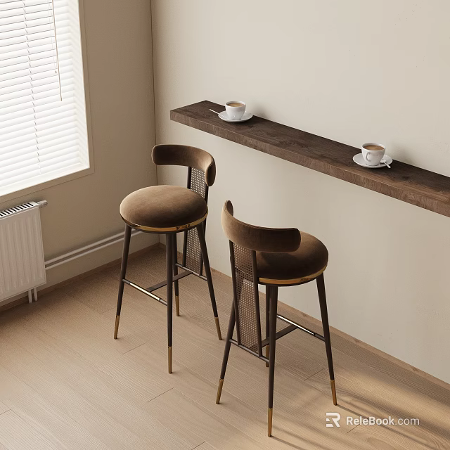 Dark Wooden Bar Counter With Coffee Cups And Brown High Stools In Light Room 3d model 
