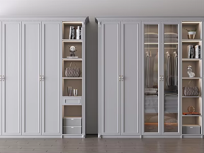 Modern Gray Wardrobe With Open Shelves Glass Doors Drawers And Decorative Storage 3d model