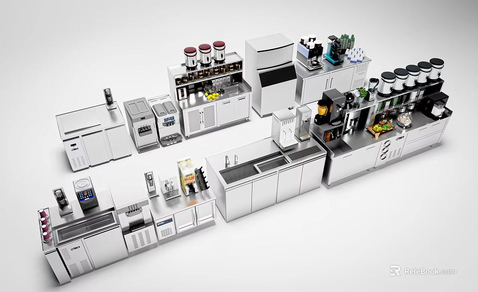 Modern Milk Tea Shop Open Kitchen Interior With Operating Counter And Beverage Equipment 3d model 