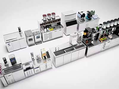 Modern Milk Tea Shop Open Kitchen Interior With Operating Counter And Beverage Equipment 3d model