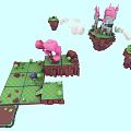 Cartoon Fantasy Scenery With Pink Whale Pink Trees Castle Mushroom House Green Grass And Staircase
