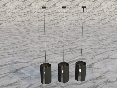 Three Modern Black Cylindrical Chandeliers Hanging In Interior With Marble Background 3d model