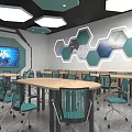 School Modern Classroom With Teal Hexagonal Decor Large Screen And Tables Chairs 3d model