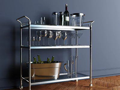 Stylish Metal Bar Cart With Wine Glasses Bottles And Ice Bucket 3d model