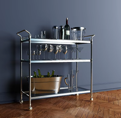 Stylish Metal Bar Cart With Wine Glasses Bottles And Ice Bucket 3d model