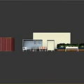 Outdoor Exhibition Scene Components Red Container White Display Board Green Plants And Bench