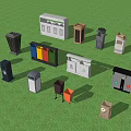 Public Facilities Various Colored Waste Bins In Different Styles On Green Grass