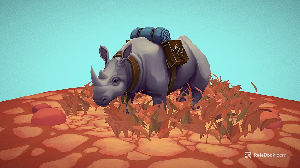 Rhinoceros Game Character with Blue Rolled Bag Brown Backpack in Red Plants on Stone Ground 3d model 