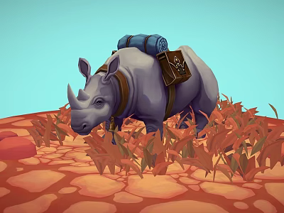 Rhinoceros Game Character with Blue Rolled Bag Brown Backpack in Red Plants on Stone Ground 3d model