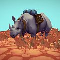 Rhinoceros Game Character with Blue Rolled Bag Brown Backpack in Red Plants on Stone Ground