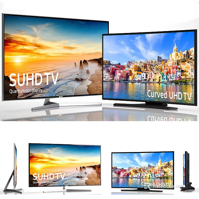 SUHD and Curved UHD Televisions Displaying Sunset Coastal Scenery and Colorful City Buildings 3d model 