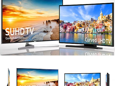 SUHD and Curved UHD Televisions Displaying Sunset Coastal Scenery and Colorful City Buildings 3d model