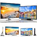 SUHD and Curved UHD Televisions Displaying Sunset Coastal Scenery and Colorful City Buildings