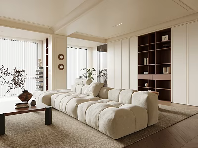 Warm Living and Dining Room Interior With Large Beige Sofa Brown Coffee Table And Plants 3d model