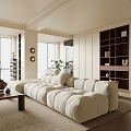 Warm Living and Dining Room Interior With Large Beige Sofa Brown Coffee Table And Plants