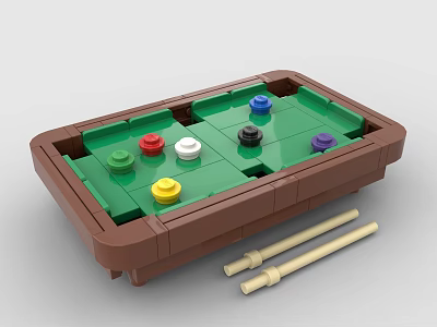 Build Block Pool Table with Colored Balls and Wooden Cues Design 3d model