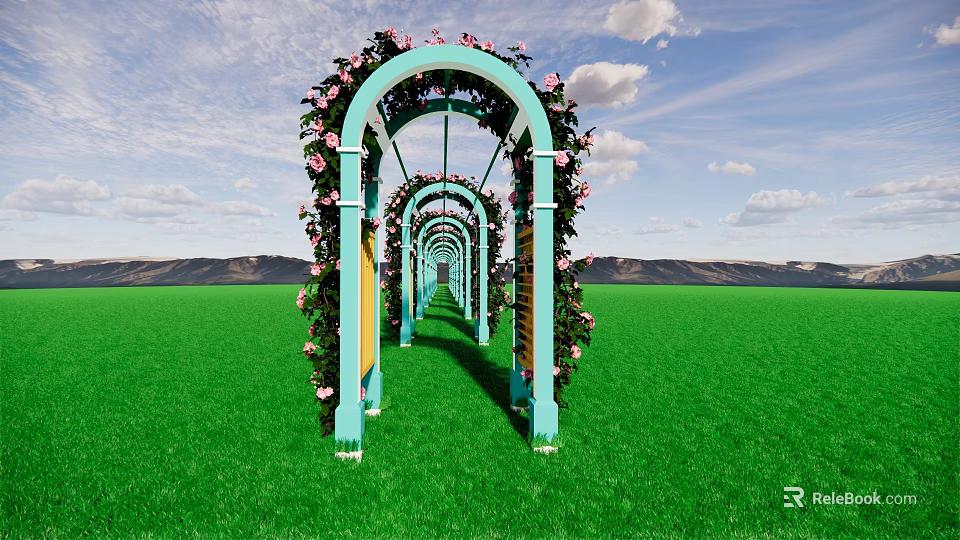Light Blue Arched Pergola Adorned with Pink Flowers Over Green Grass Field Under Blue Sky 3d model 