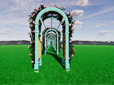 Light Blue Arched Pergola Adorned with Pink Flowers Over Green Grass Field Under Blue Sky 3d model