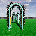 Light Blue Arched Pergola Adorned with Pink Flowers Over Green Grass Field Under Blue Sky